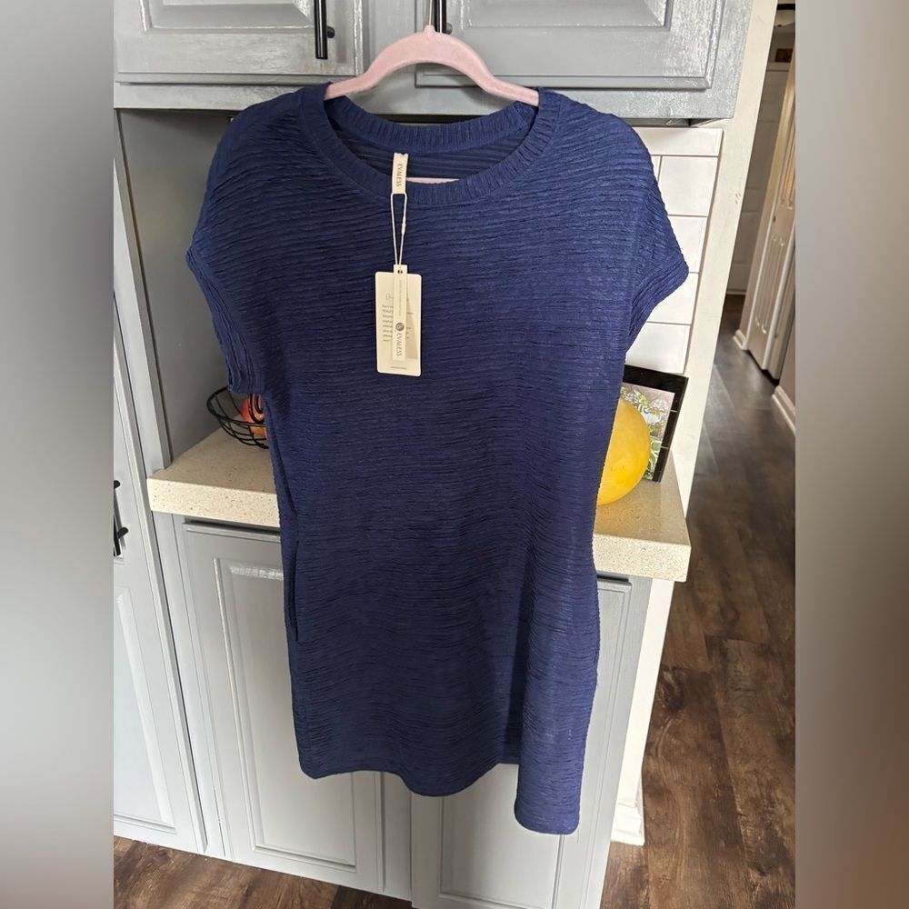 Evaless Navy Short Sleeve Textured Dress with Pockets